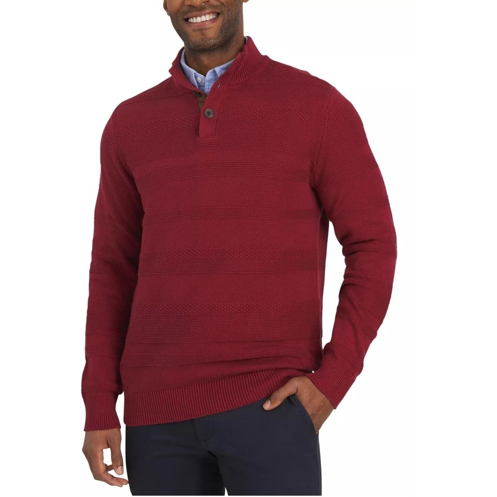 Chaps Men Preppy Fisherman Nautical Maroon Button Pullover Knit Sweater M